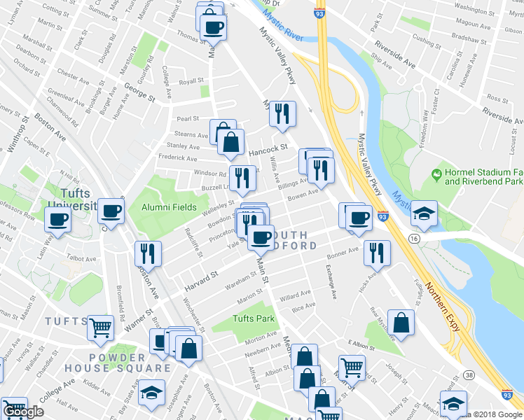 map of restaurants, bars, coffee shops, grocery stores, and more near 19 Golden Avenue in Medford