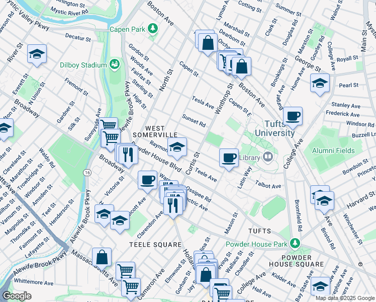 map of restaurants, bars, coffee shops, grocery stores, and more near 92 Curtis Street in Somerville