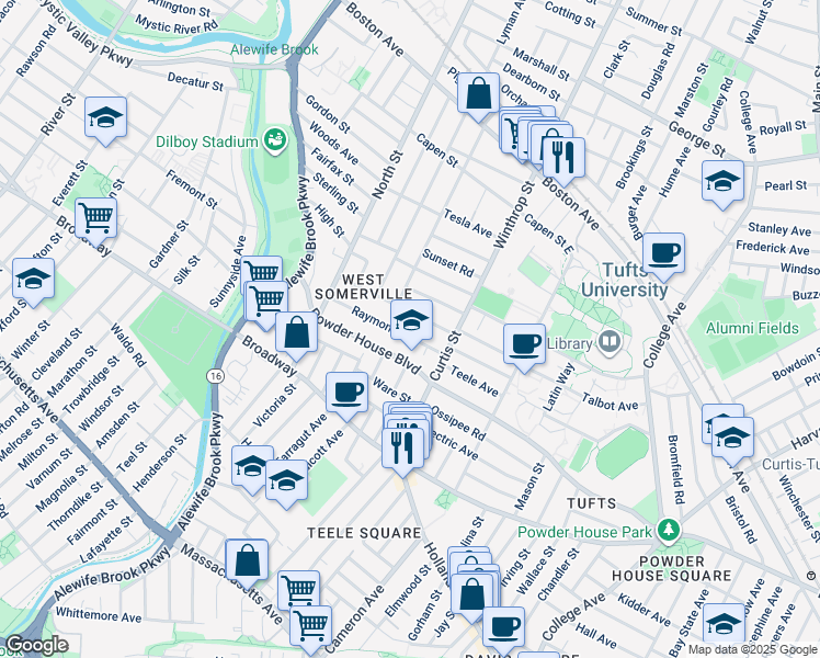 map of restaurants, bars, coffee shops, grocery stores, and more near 183 Powder House Boulevard in Somerville