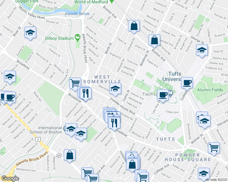 map of restaurants, bars, coffee shops, grocery stores, and more near 183 Powder House Boulevard in Somerville