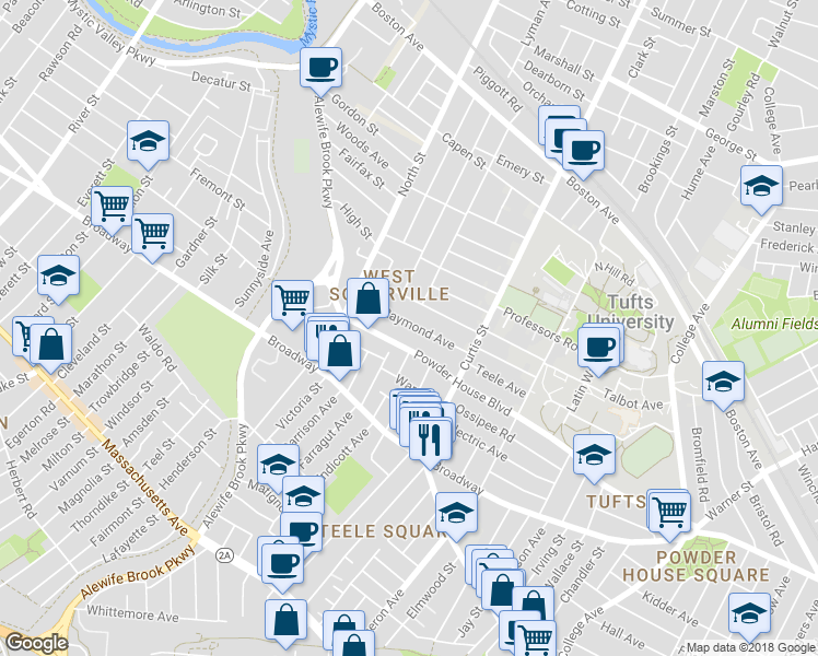 map of restaurants, bars, coffee shops, grocery stores, and more near 183 Powder House Boulevard in Somerville