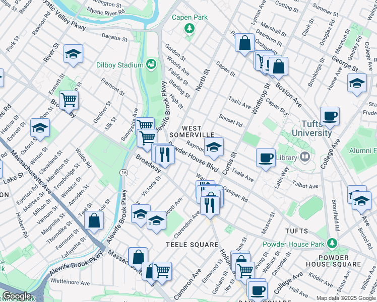 map of restaurants, bars, coffee shops, grocery stores, and more near 210 Powder House Boulevard in Somerville