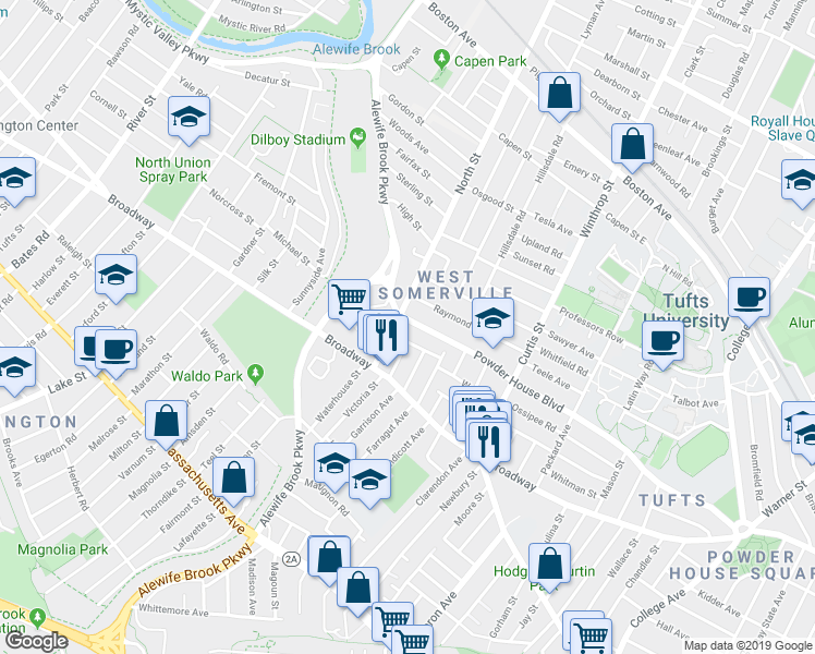 map of restaurants, bars, coffee shops, grocery stores, and more near 35 Barton Street in Somerville