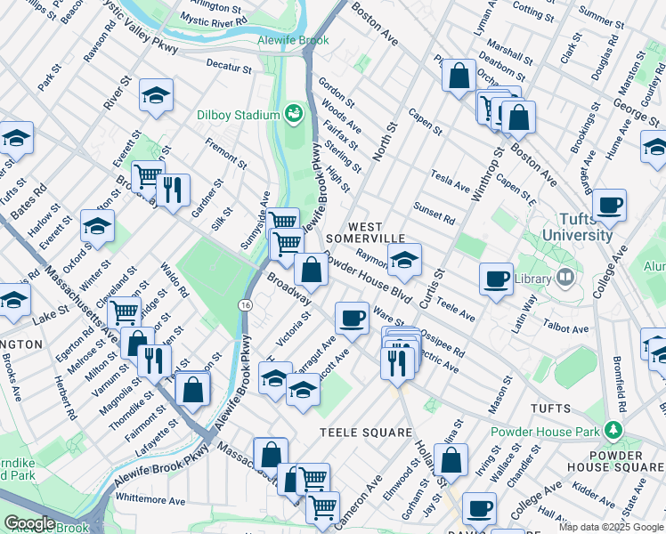 map of restaurants, bars, coffee shops, grocery stores, and more near 35 Barton Street in Somerville