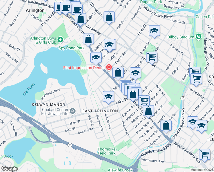 map of restaurants, bars, coffee shops, grocery stores, and more near 29 Orvis Road in Arlington