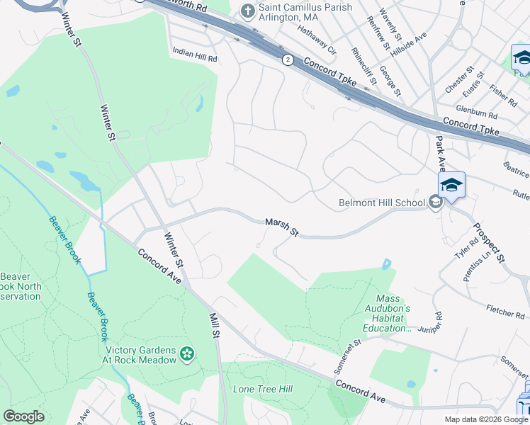 map of restaurants, bars, coffee shops, grocery stores, and more near 212 Marsh Street in Belmont