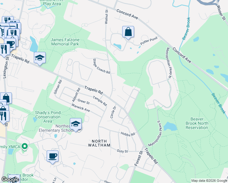 map of restaurants, bars, coffee shops, grocery stores, and more near 28 Wight Street in Waltham