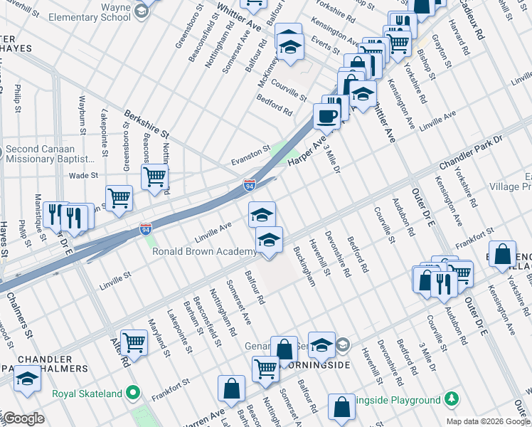 map of restaurants, bars, coffee shops, grocery stores, and more near 5768 Berkshire Street in Detroit