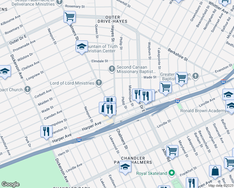 map of restaurants, bars, coffee shops, grocery stores, and more near 9137 Philip Street in Detroit