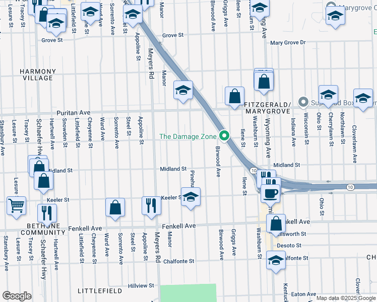 map of restaurants, bars, coffee shops, grocery stores, and more near 15738 Pinehurst Street in Detroit