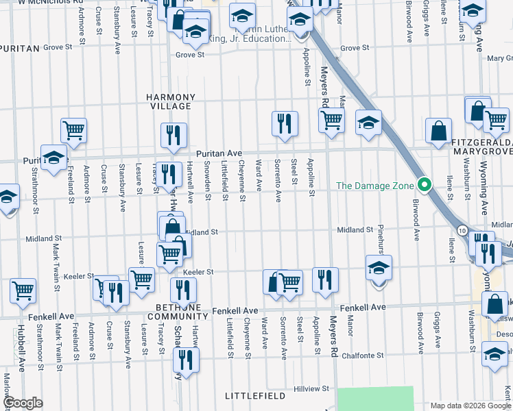 map of restaurants, bars, coffee shops, grocery stores, and more near 15744 Ward Avenue in Detroit