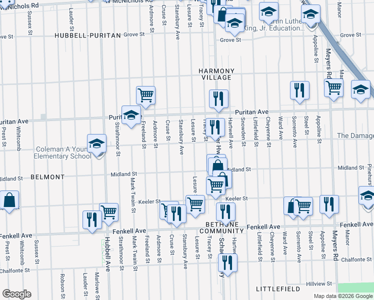map of restaurants, bars, coffee shops, grocery stores, and more near 15747 Stansbury Avenue in Detroit