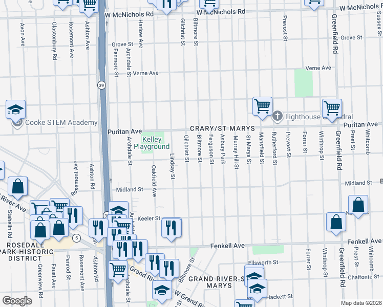 map of restaurants, bars, coffee shops, grocery stores, and more near 15787 Biltmore Street in Detroit