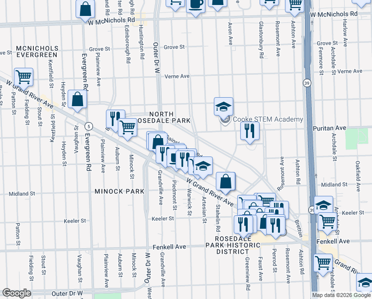 map of restaurants, bars, coffee shops, grocery stores, and more near 15963 Warwick Street in Detroit