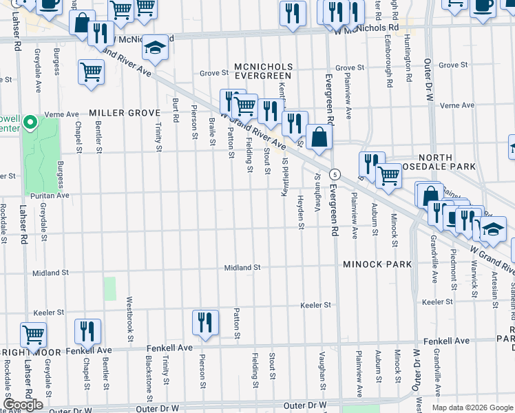 map of restaurants, bars, coffee shops, grocery stores, and more near 15834 Fielding Street in Detroit