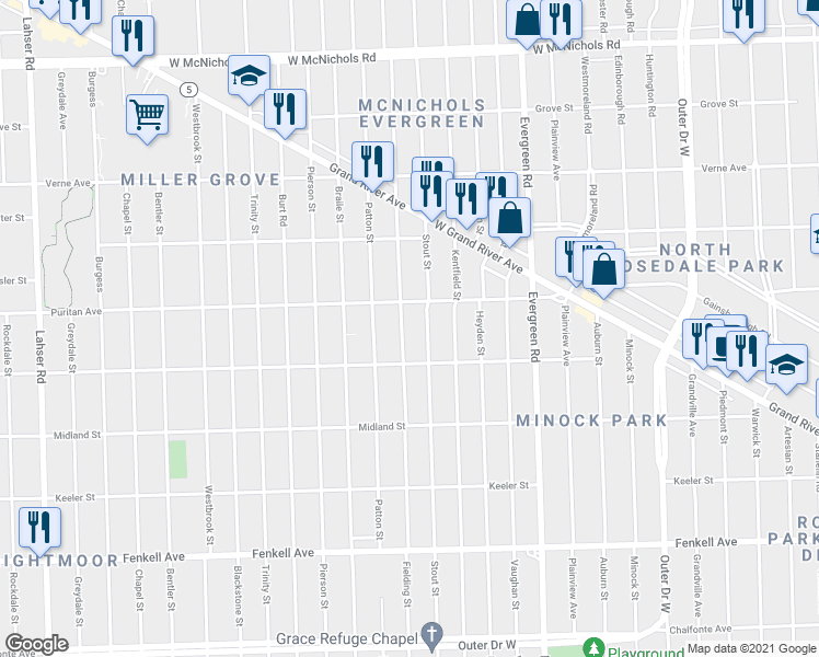 map of restaurants, bars, coffee shops, grocery stores, and more near 15834 Fielding Street in Detroit