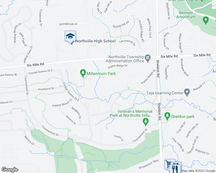 map of restaurants, bars, coffee shops, grocery stores, and more near 16600 Cottonwood Court in Northville