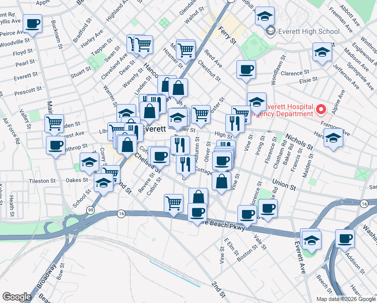 map of restaurants, bars, coffee shops, grocery stores, and more near 14 Autumn Street in Everett