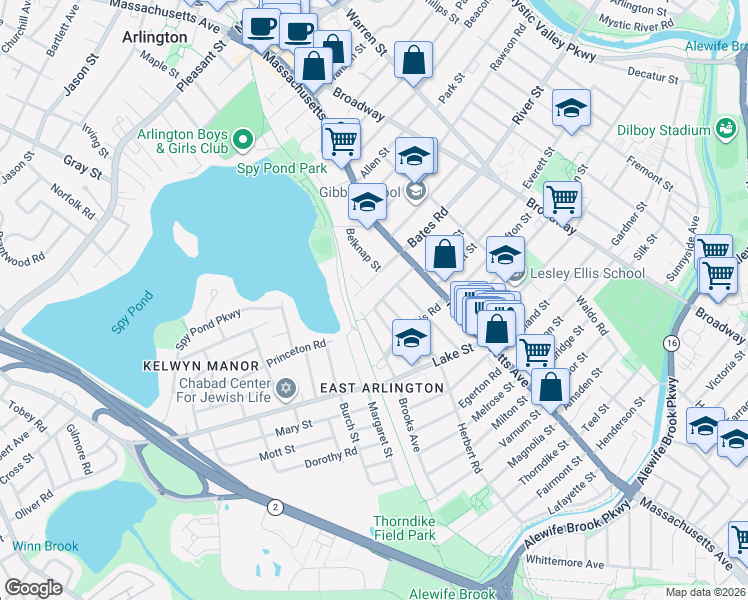 map of restaurants, bars, coffee shops, grocery stores, and more near 55 Newcomb Street in Arlington
