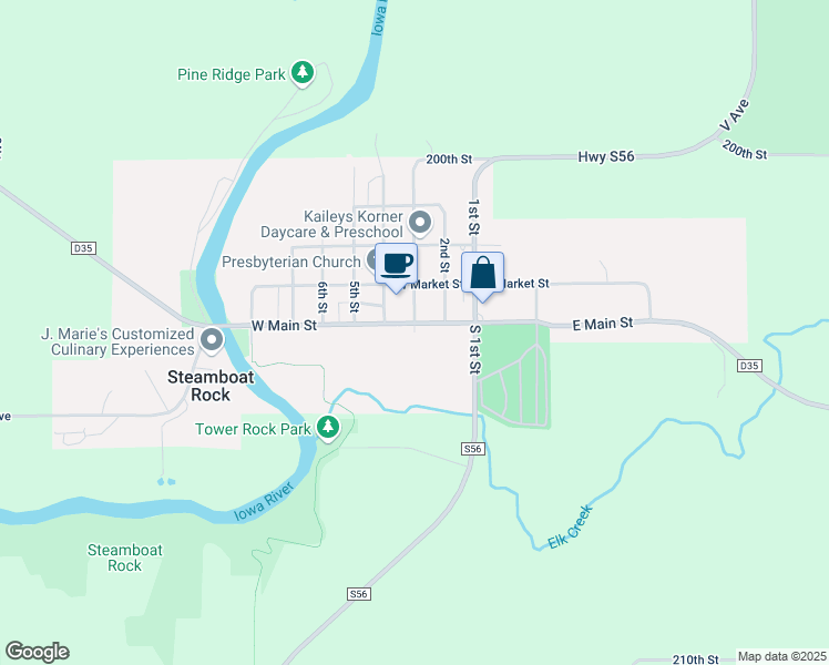 map of restaurants, bars, coffee shops, grocery stores, and more near 199 South 3rd Street in Steamboat Rock
