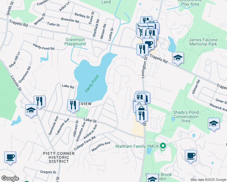 map of restaurants, bars, coffee shops, grocery stores, and more near 5614 Stearns Hill Road in Waltham