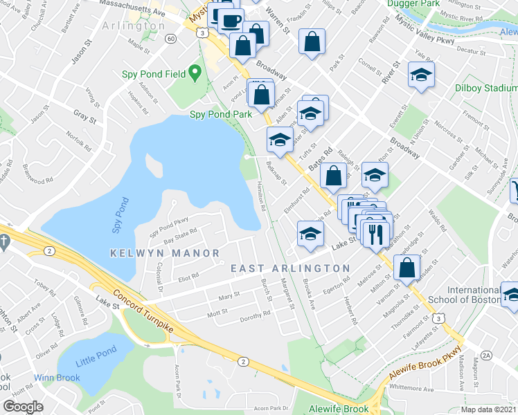 map of restaurants, bars, coffee shops, grocery stores, and more near 18 Hamilton Road in Arlington