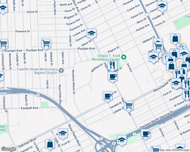 map of restaurants, bars, coffee shops, grocery stores, and more near 369 Midland Street in Highland Park