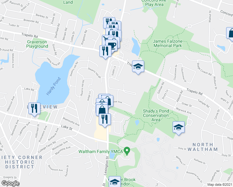 map of restaurants, bars, coffee shops, grocery stores, and more near 62 Jacqueline Road in Waltham