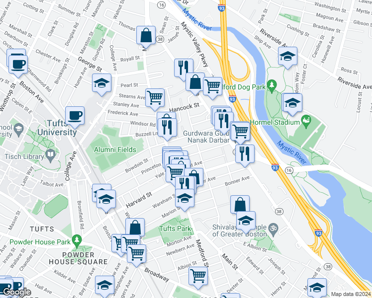 map of restaurants, bars, coffee shops, grocery stores, and more near 29 Bowen Avenue in Medford