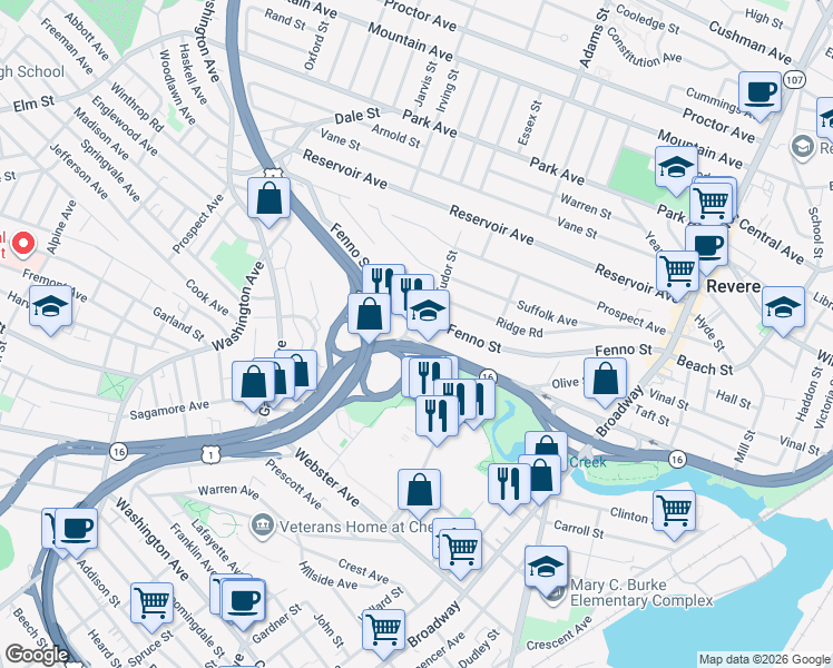map of restaurants, bars, coffee shops, grocery stores, and more near 1085 Revere Beach Parkway in Revere