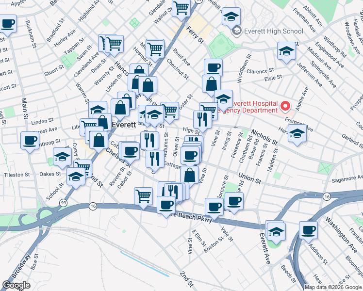 map of restaurants, bars, coffee shops, grocery stores, and more near 13 Oliver Street in Everett