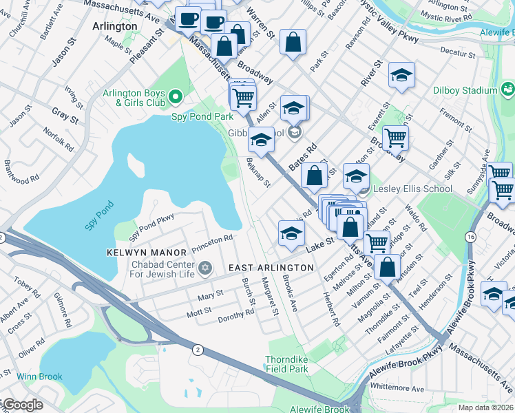 map of restaurants, bars, coffee shops, grocery stores, and more near 18 Hamilton Road in Arlington