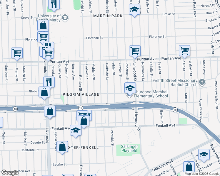 map of restaurants, bars, coffee shops, grocery stores, and more near 15518 Parkside Street in Detroit