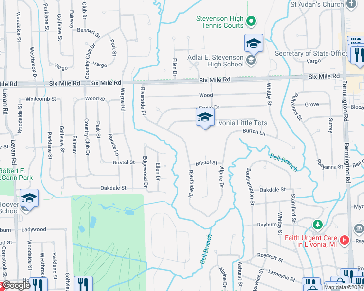map of restaurants, bars, coffee shops, grocery stores, and more near 16348 Riverside Street in Livonia