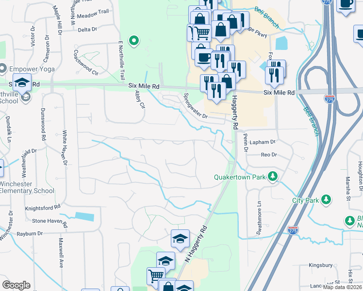 map of restaurants, bars, coffee shops, grocery stores, and more near 39477 Village Run Drive in Northville