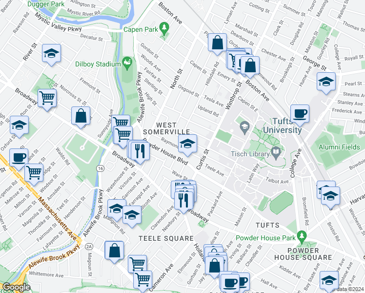 map of restaurants, bars, coffee shops, grocery stores, and more near 43 Raymond Avenue in Somerville