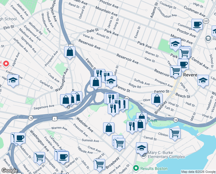 map of restaurants, bars, coffee shops, grocery stores, and more near 1123 Revere Beach Parkway in Revere