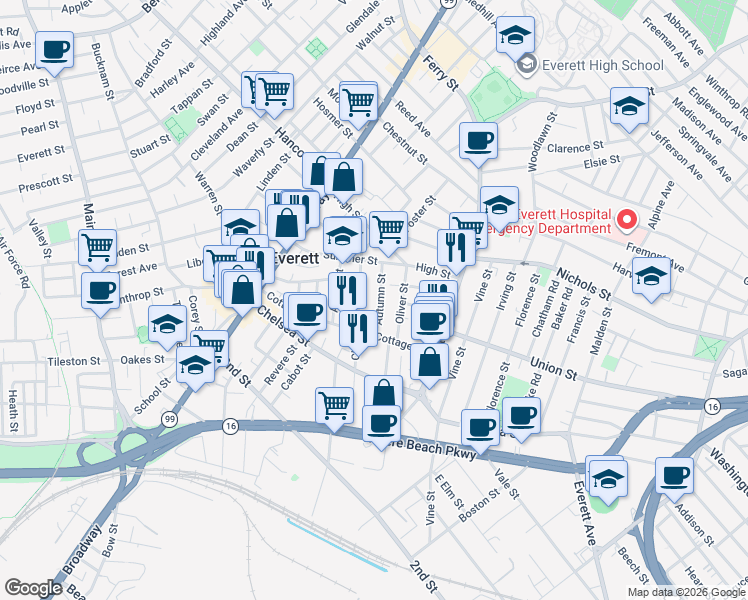 map of restaurants, bars, coffee shops, grocery stores, and more near 14 Autumn Street in Everett