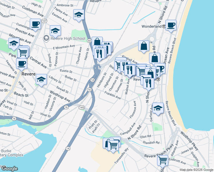 map of restaurants, bars, coffee shops, grocery stores, and more near 15 Thornton Street in Revere