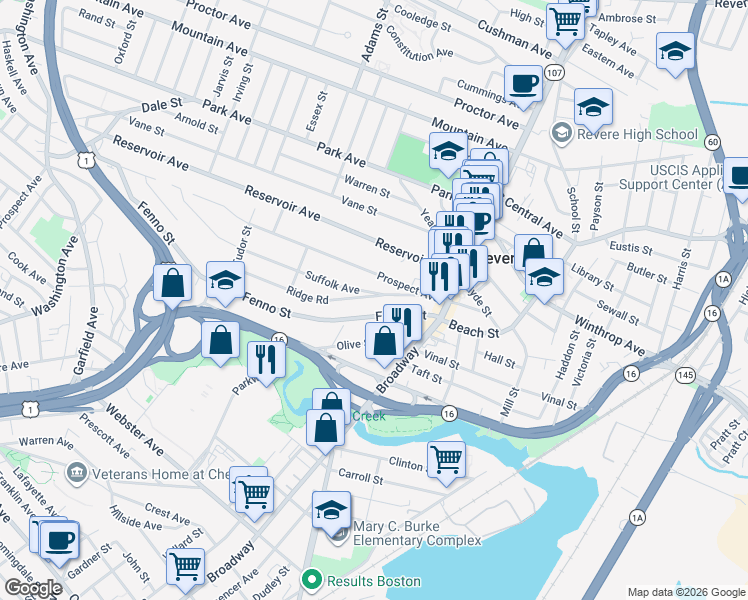 map of restaurants, bars, coffee shops, grocery stores, and more near 80 Fenno Street in Revere
