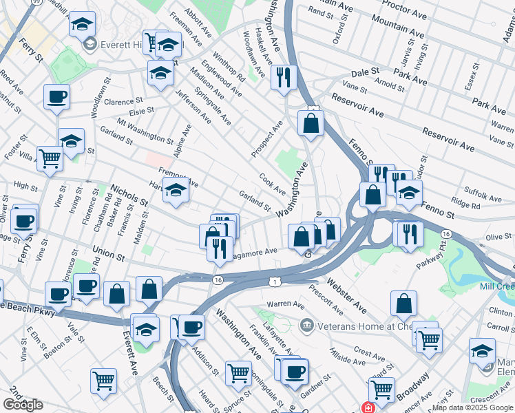 map of restaurants, bars, coffee shops, grocery stores, and more near 455 Washington Avenue in Chelsea