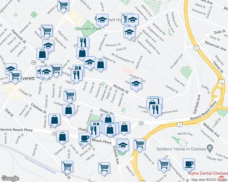 map of restaurants, bars, coffee shops, grocery stores, and more near 110 Francis Street in Everett