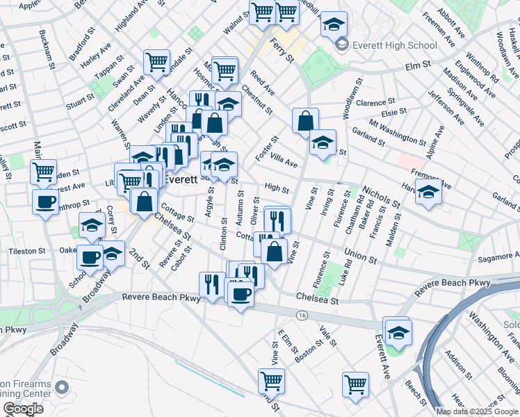 map of restaurants, bars, coffee shops, grocery stores, and more near 13 Oliver Street in Everett