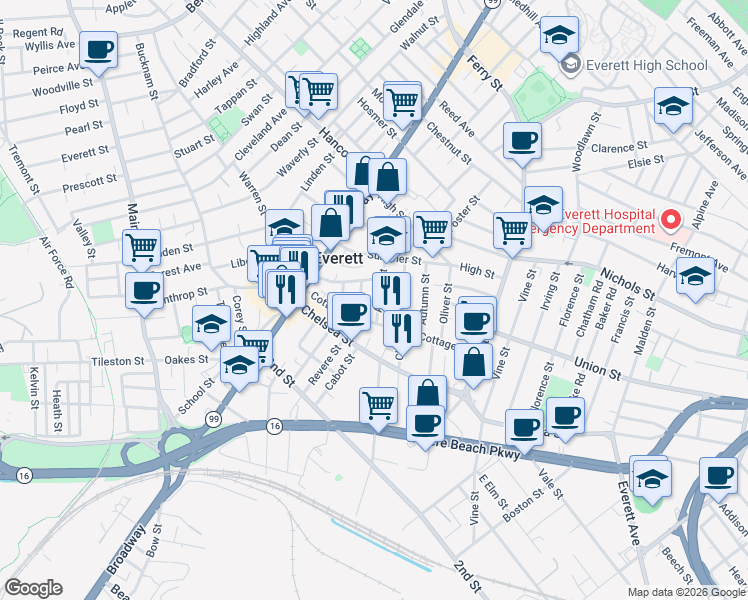 map of restaurants, bars, coffee shops, grocery stores, and more near 78 Cottage Street in Everett