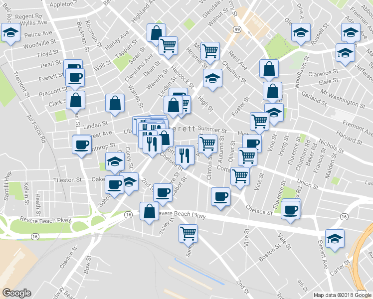 map of restaurants, bars, coffee shops, grocery stores, and more near 47 Cottage Street in Everett
