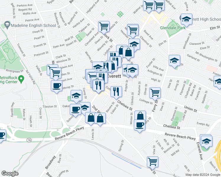 map of restaurants, bars, coffee shops, grocery stores, and more near 47 Cottage Street in Everett