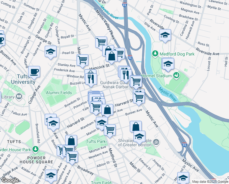 map of restaurants, bars, coffee shops, grocery stores, and more near 107 Willis Avenue in Medford