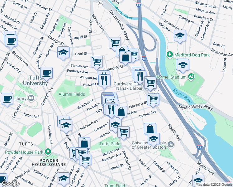 map of restaurants, bars, coffee shops, grocery stores, and more near 19 Golden Avenue in Medford