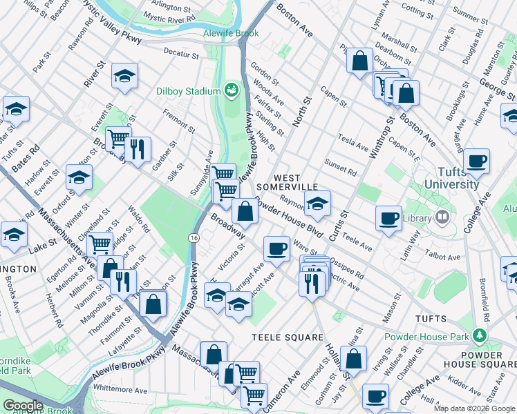 map of restaurants, bars, coffee shops, grocery stores, and more near 35 Barton Street in Somerville