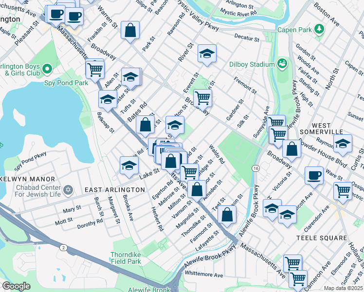 map of restaurants, bars, coffee shops, grocery stores, and more near 28 Cleveland Street in Arlington